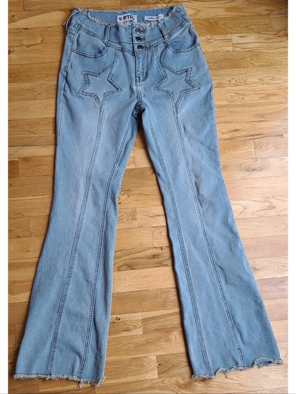 PTCL Frayed Edge Star Flared Jeans Sz 27 70s Boho Festival Streetwear Stretchy